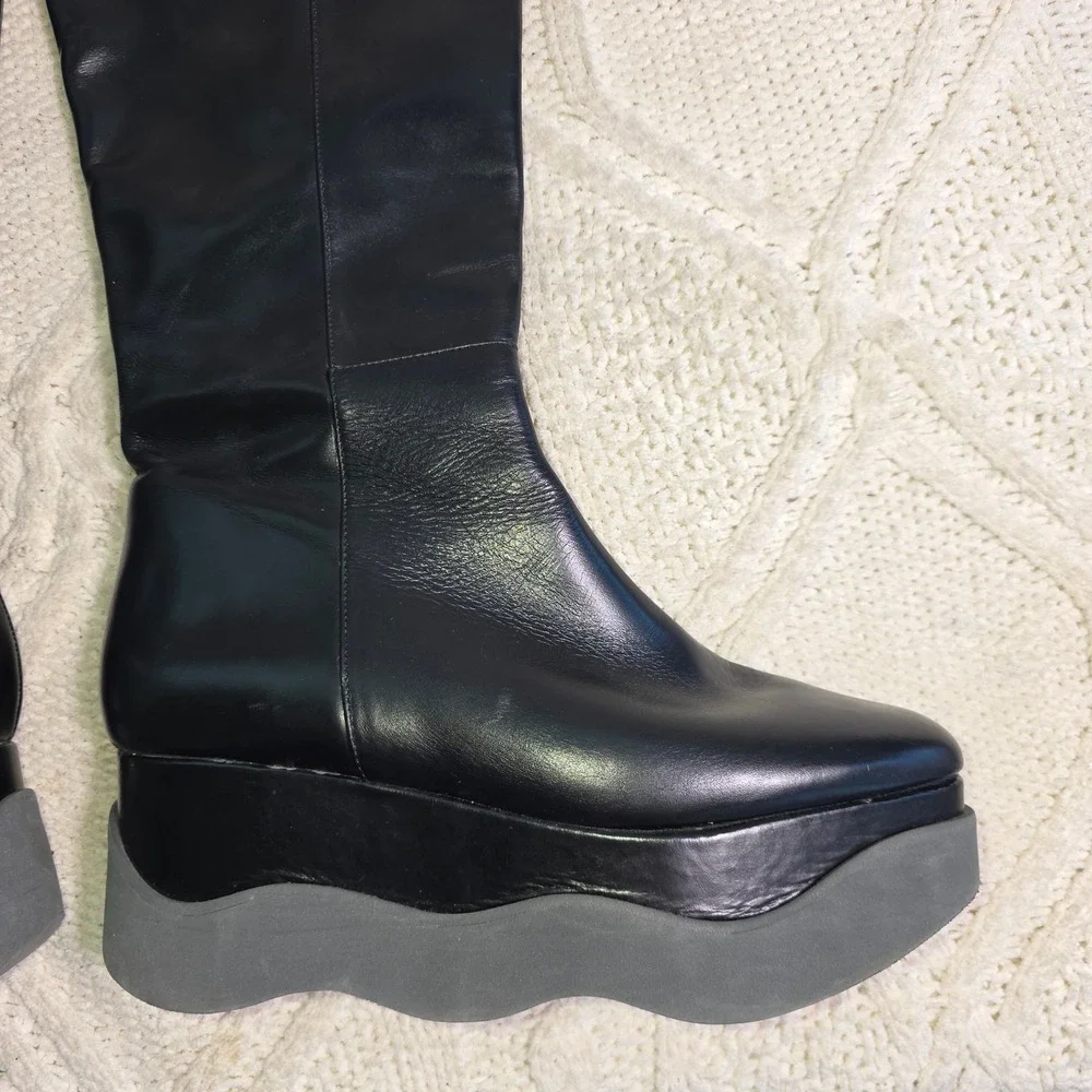 Paloma Barcelo 2 Platform‎ Wedge Knee High Boots Black Leather Womens 40 9-9.5
